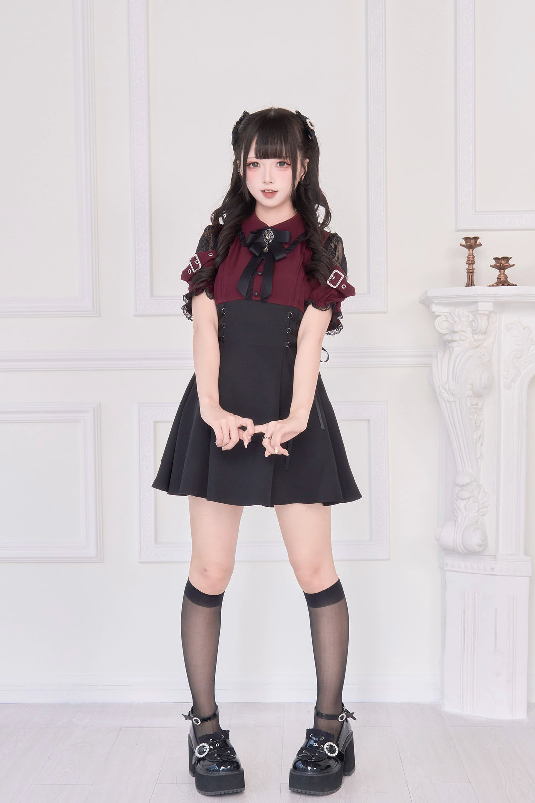 Lace Shoulder Jirai Kei Dress, Pleated Skirt 43534:779083