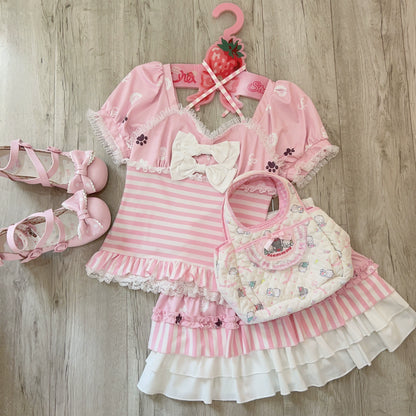 Kawaii Pink T-shirt Tiered Skirt Cute Printed Outfit Sets (Skirt Top / L M S) 37688:566990