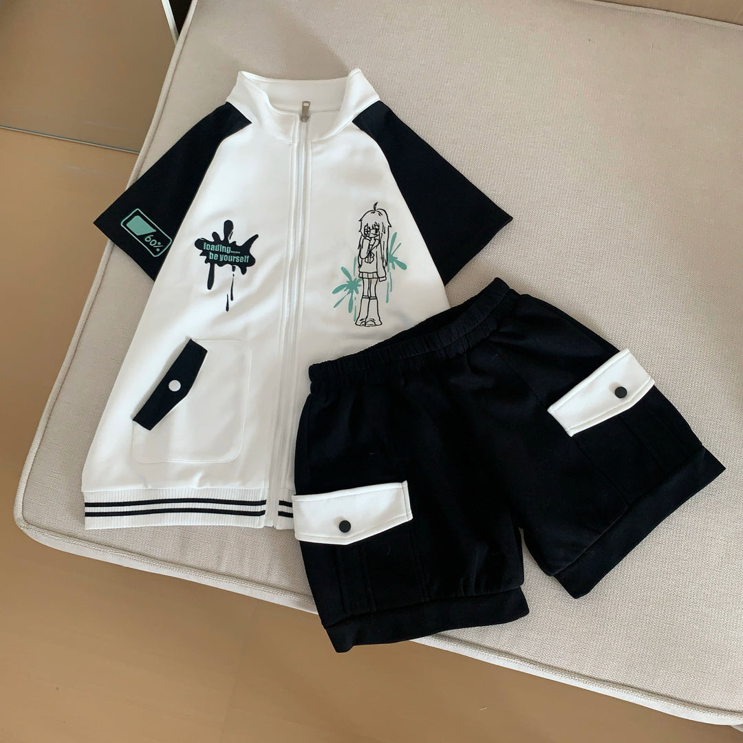 Jirai Kei Black Sport Set Loading Print Zip Jacket and Shorts (L M S) 42895:757174
