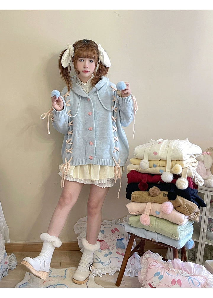 Kawaii White Pink Blue Cardigan Bunny Ears Sweater Coat 22658:345272 22658:345272