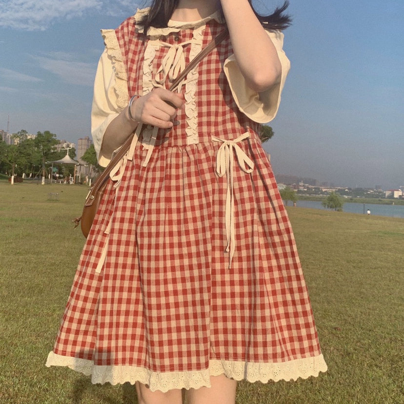 Kawaii Dress Mori Kei Dress Plaid Vest Dress Cotton Linen Dress 36450:523358 36450:523358