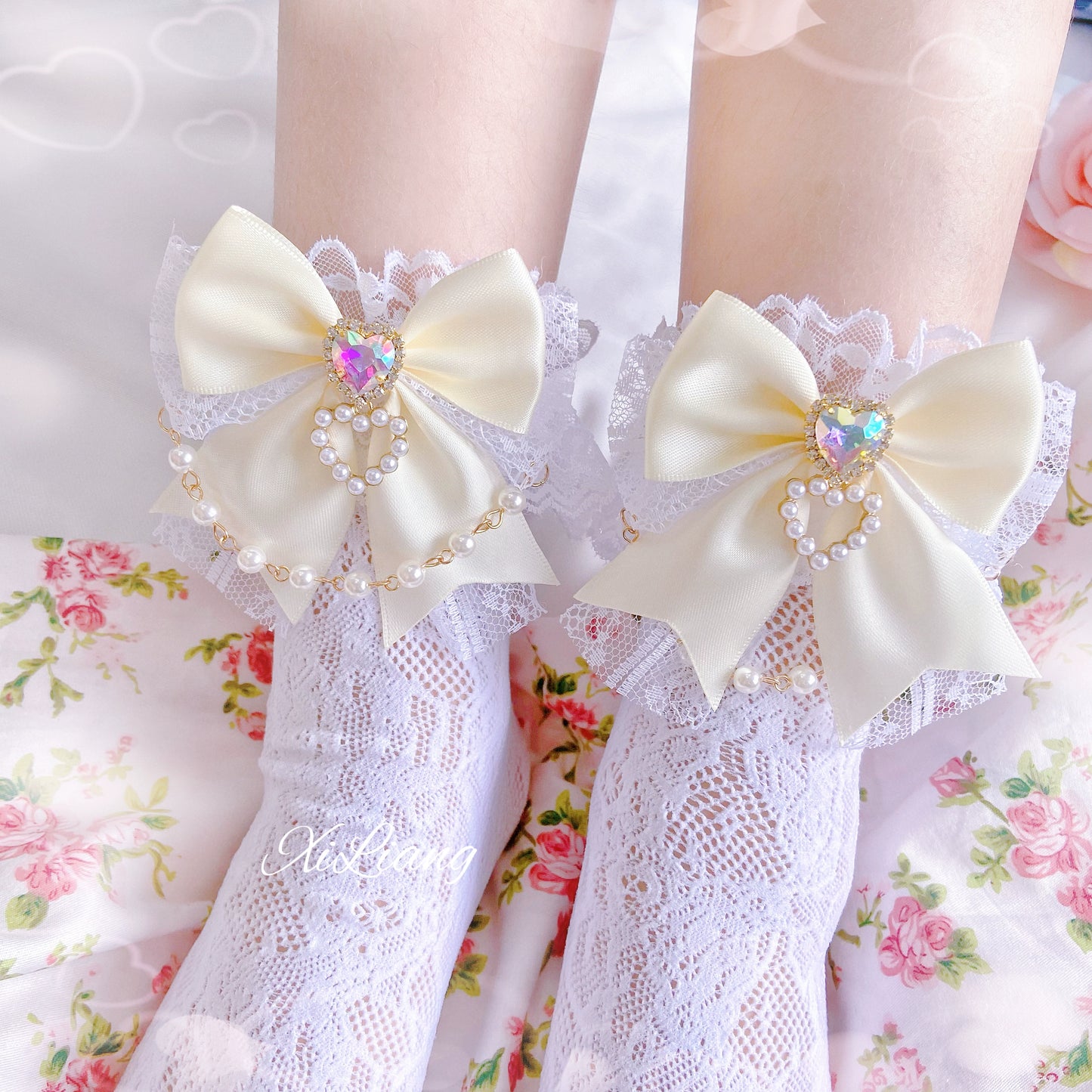 Jirai Kei Handmade Bow Pearl Heart Lolita Lace Socks 28904:326734