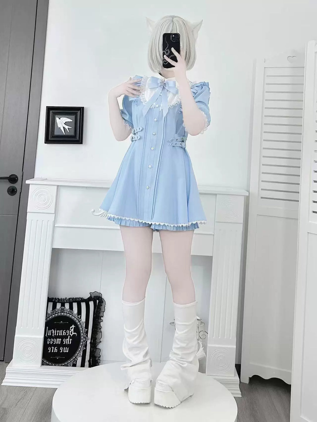 Jirai Kei Striped Dress, Lace Peter Pan Collar 45561:855077
