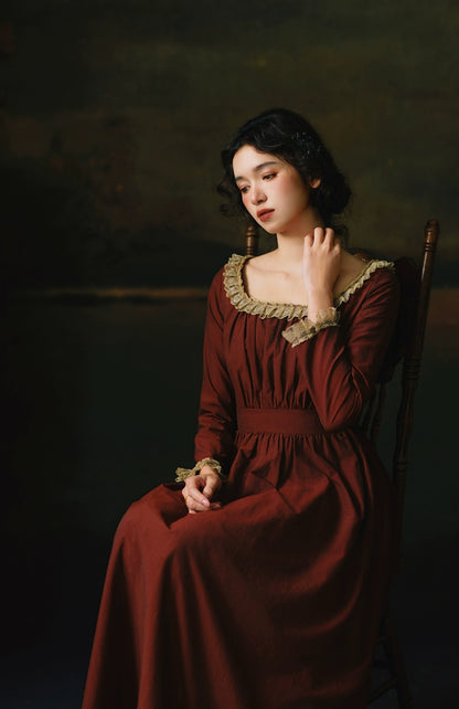Mori Kei Dress Classical Oil Painting Dress Rust Red Dress 36348:544648