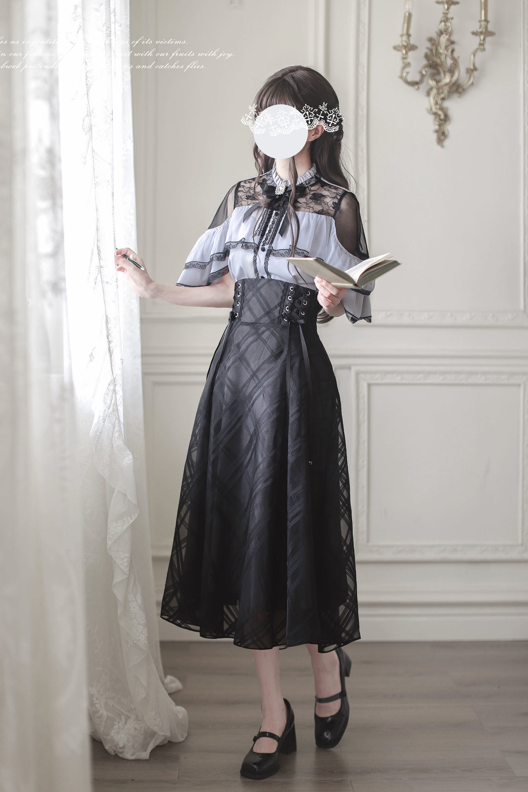 Black Long Jirai Kei Skirt With Elegant Purple Cape Blouse 43111:766077