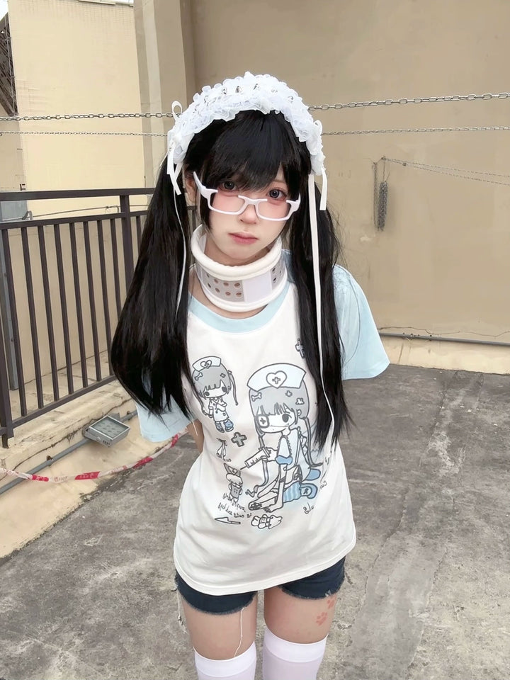 Yami Kawaii Cotton T-Shirt with Angelic Nurse Print 42852:755370