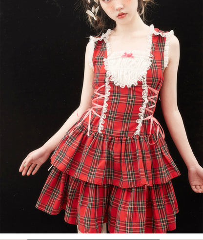 Lolita Dress Retro Red Plaid Dress Cool Girl Dress 36162:543190