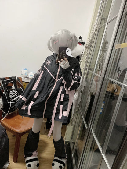 Jirai Kei Outfit Set Cyberpunk Coat Black Pink Thin Jacket 37568:563356