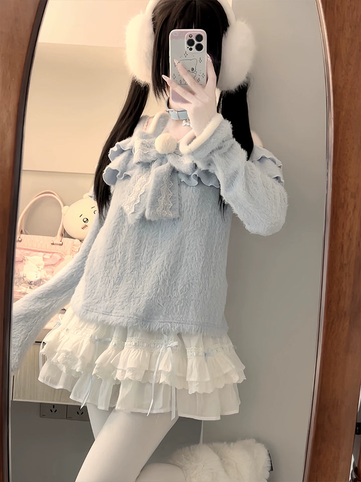 Tenshi Kaiwai Outfit Blue Bunny Sweater Tiered Skirt Set 41302:698180