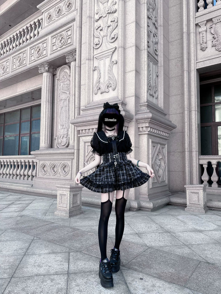 Jirai Kei Sailor Collar Blouse, Lace Puff Sleeves 45648:857938