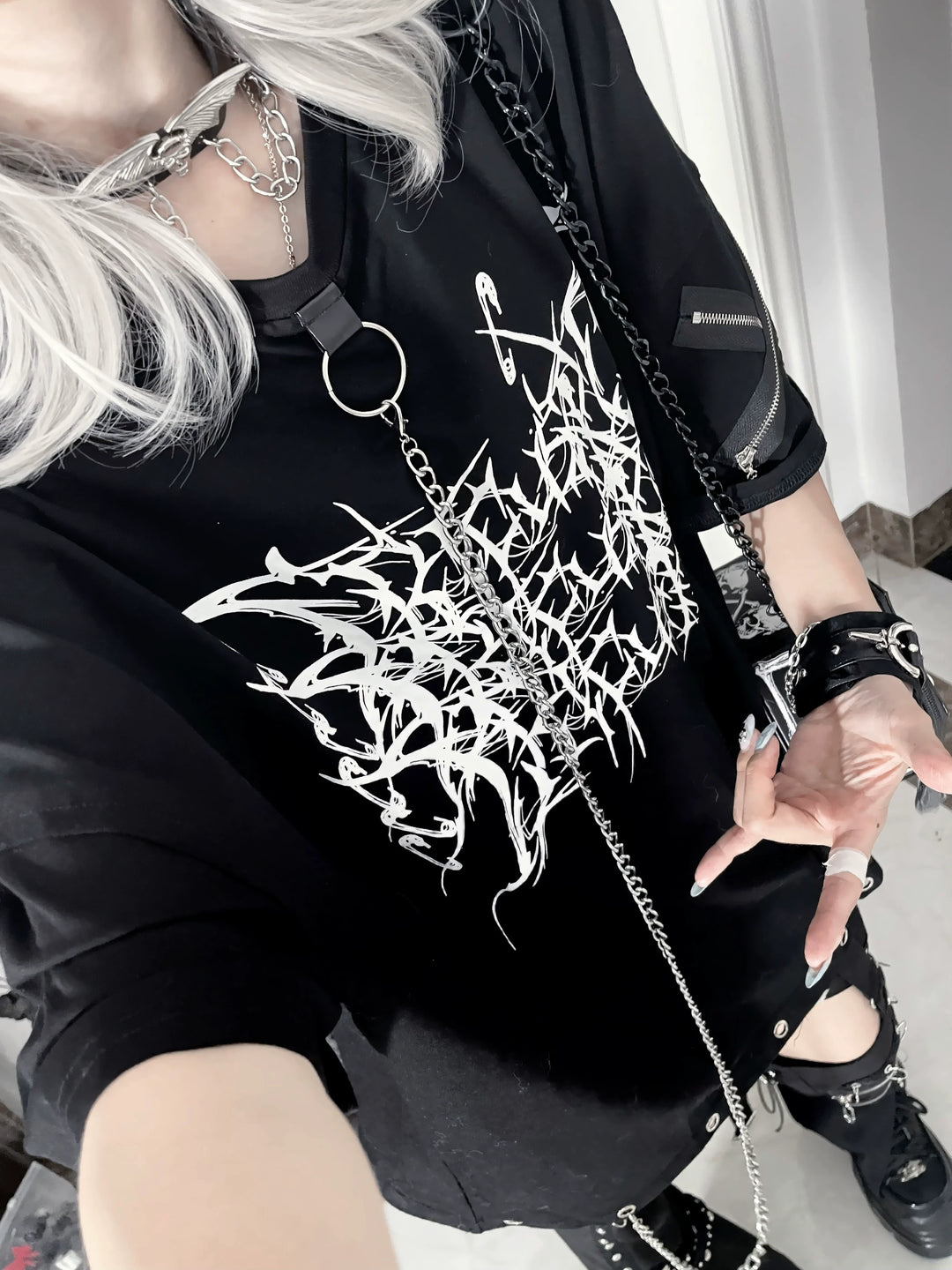 Subculture Cotton T-Shirt, Detachable Chain (Black) 43875:789227