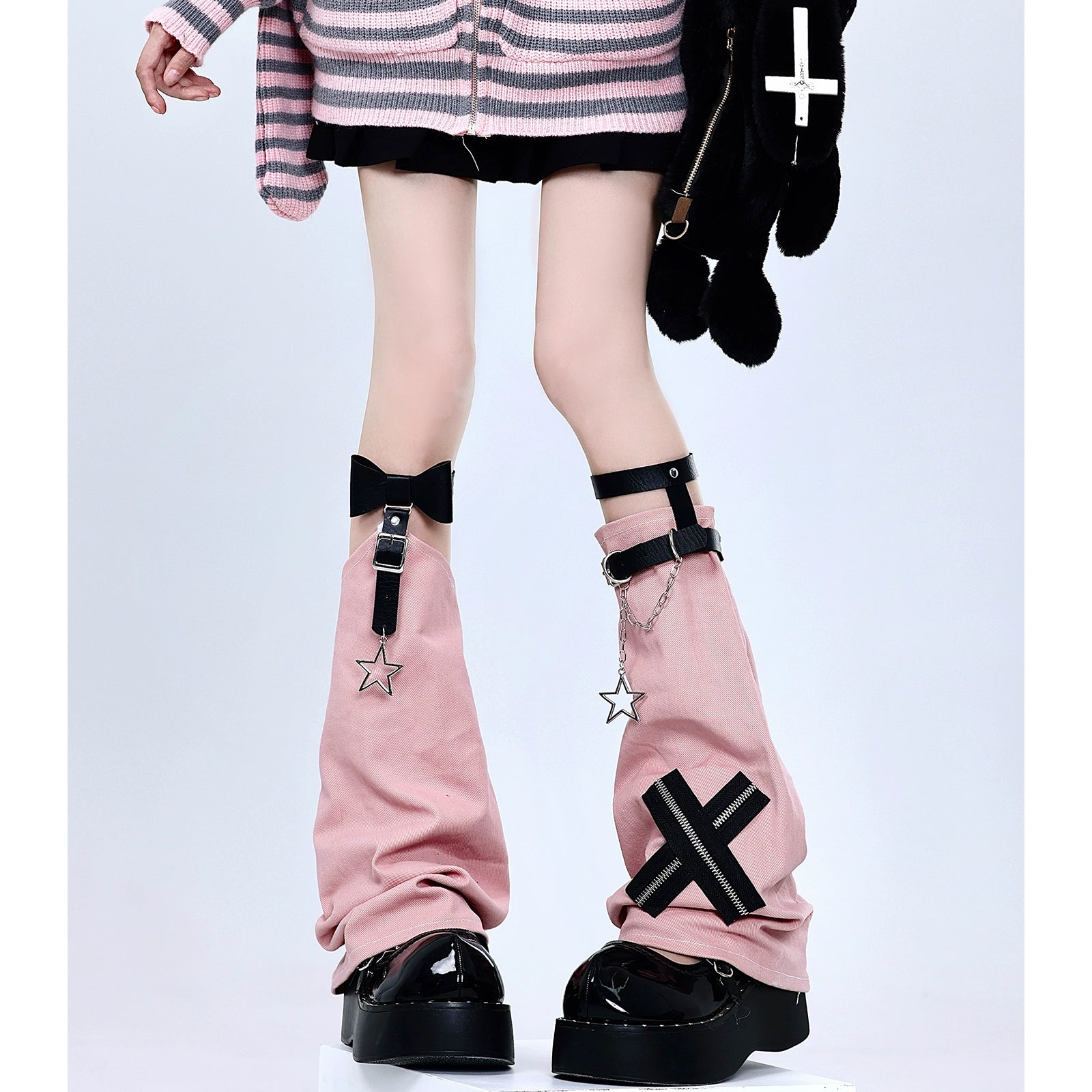 Y2K Leg Cover Cross Chain Leather Buckle Leg Warmer (Pink) 36510:516280