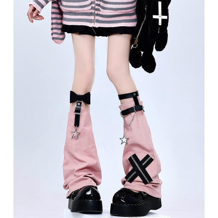 Y2K Leg Cover Cross Chain Leather Buckle Leg Warmer (Pink) 36510:516280 (Pink) 36510:516280