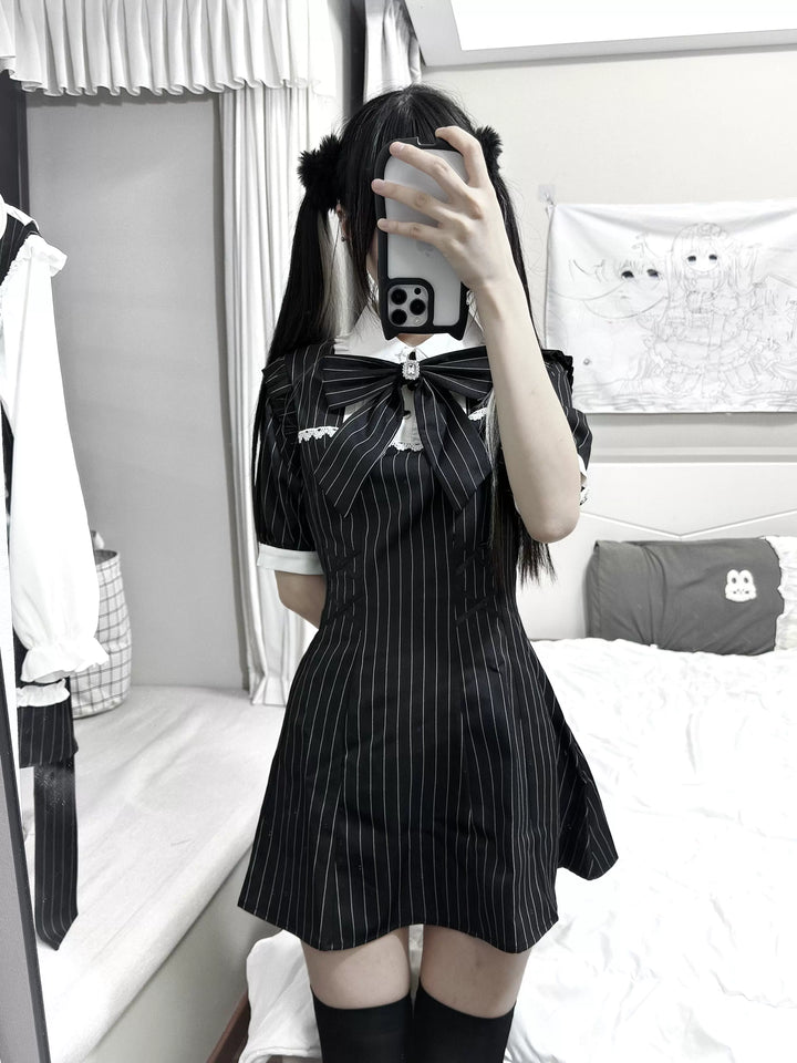 Jirai Kei Striped Short Sleeve Dress, Detachable Bow Tie 45798:862898