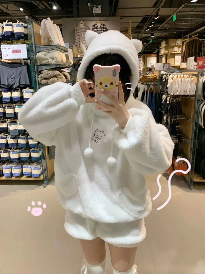 Kawaii Coat Cat Embroidered Plush Hoodie Pajama Set 39716:644564