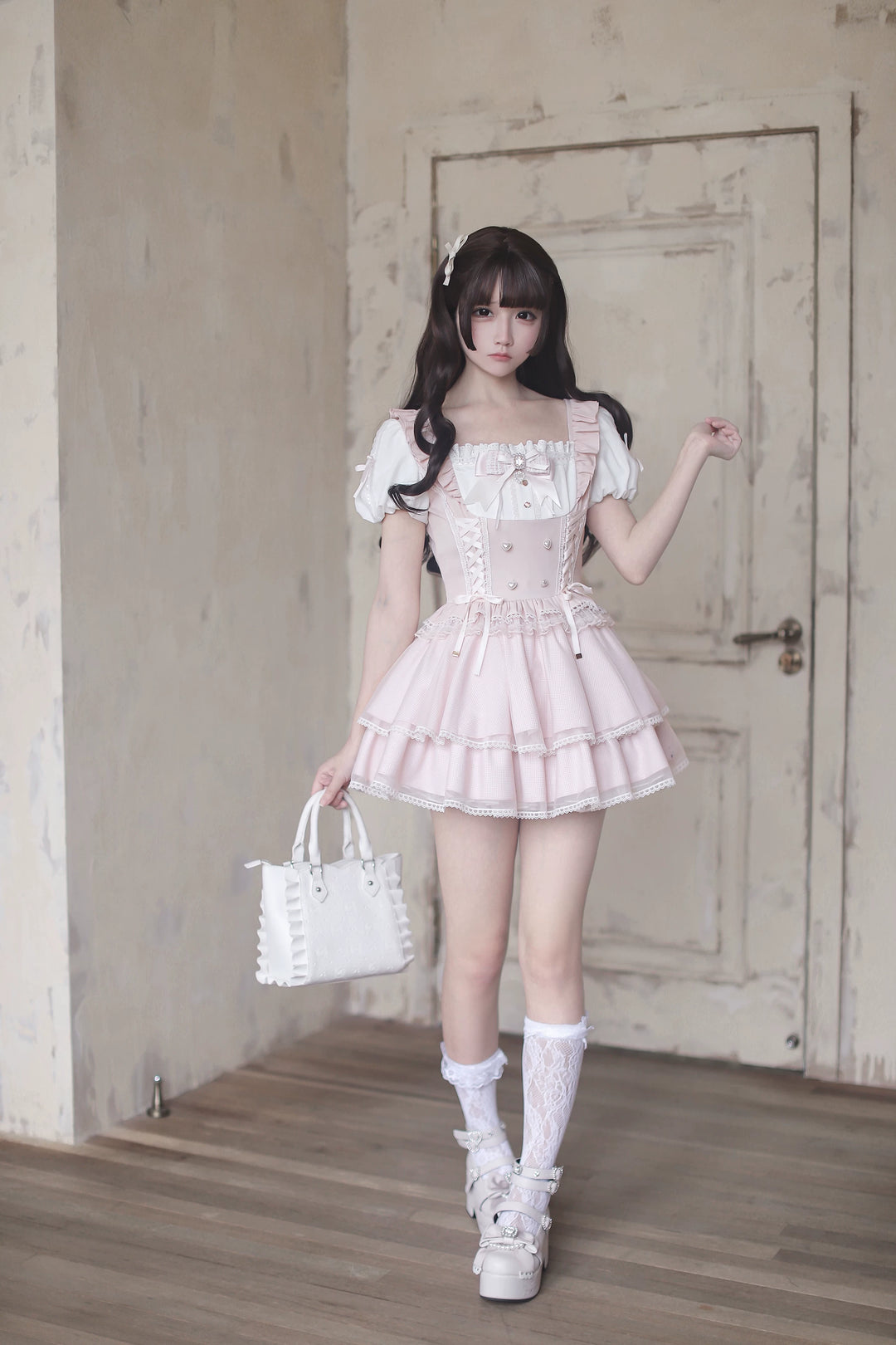 Jirai Kei Puff Sleeve Dress, Layered Tulle Hem 45340:847371