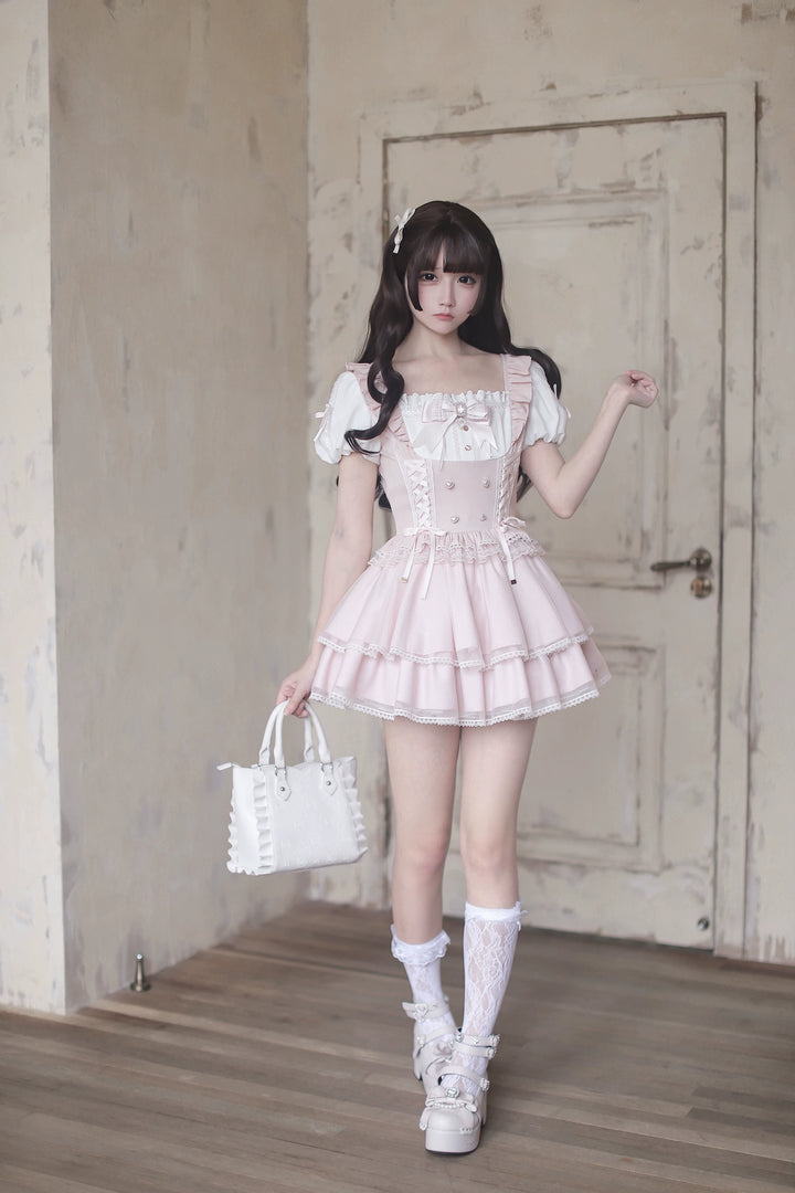 Jirai Kei Puff Sleeve Dress, Layered Tulle Hem 45340:847371
