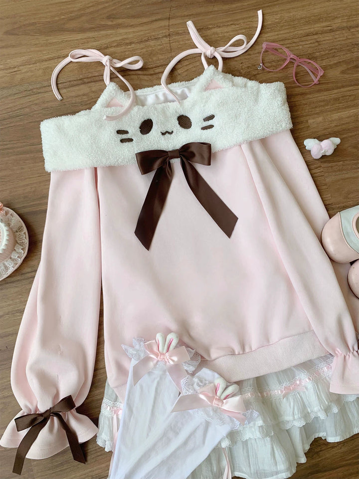 Off-Shoulder Kawaii Sweatshirt & Tiered Ruffle Skirt 43776:785327