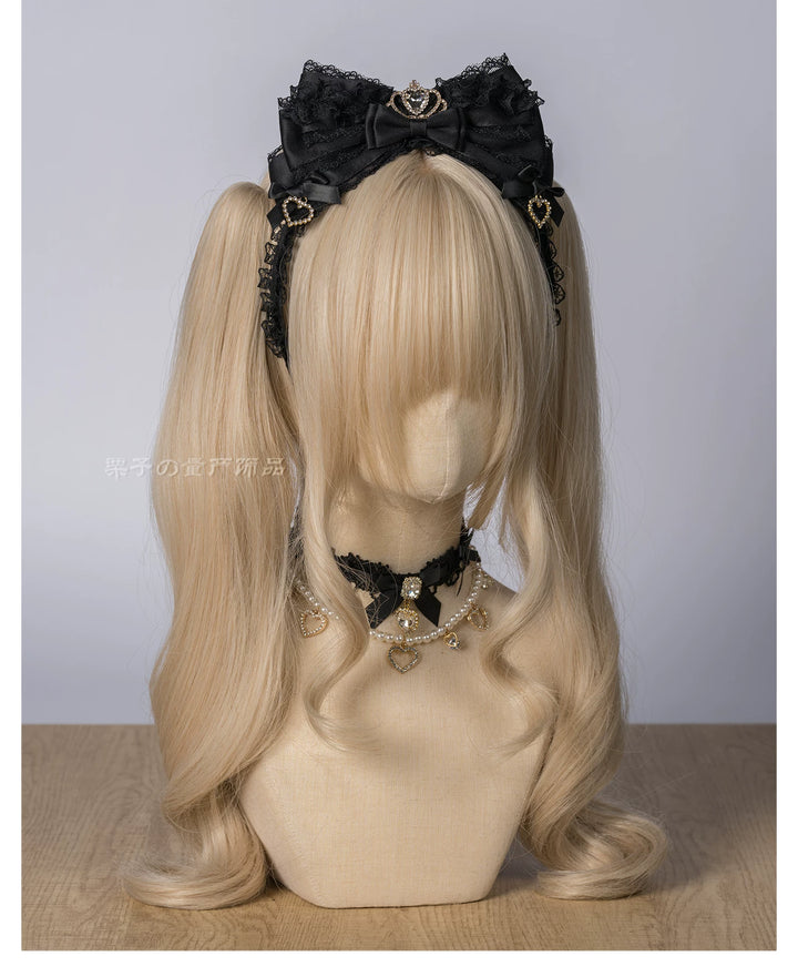 Jirai Kei Layered Bow Lace Headband, Crown & Heart Rhinestone 45960:870851