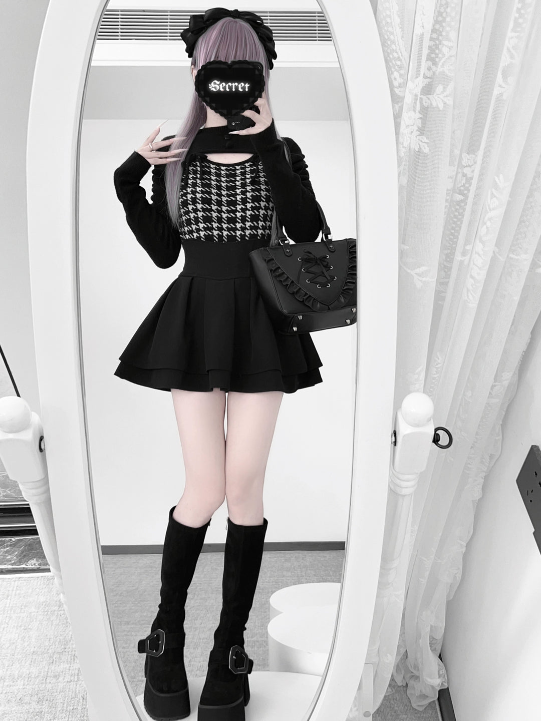 Jirai Kei Long Sleeves Sweater, Houndstooth Patterns 44154:797143