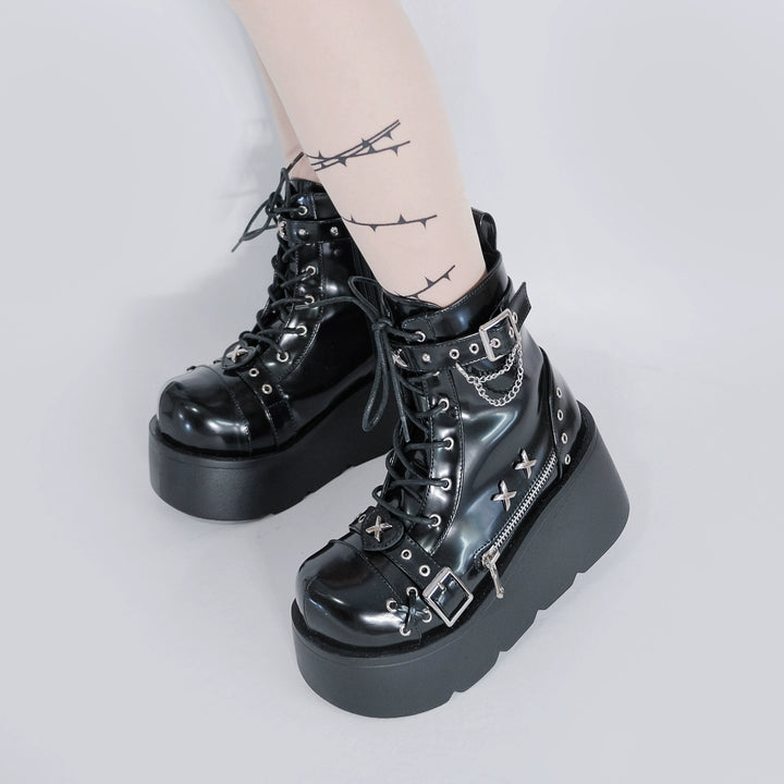 Punk Shoes Black White Platform Gyaru Fashion Combat Boots (34 35 36 37 38 39 40) 29710:368838