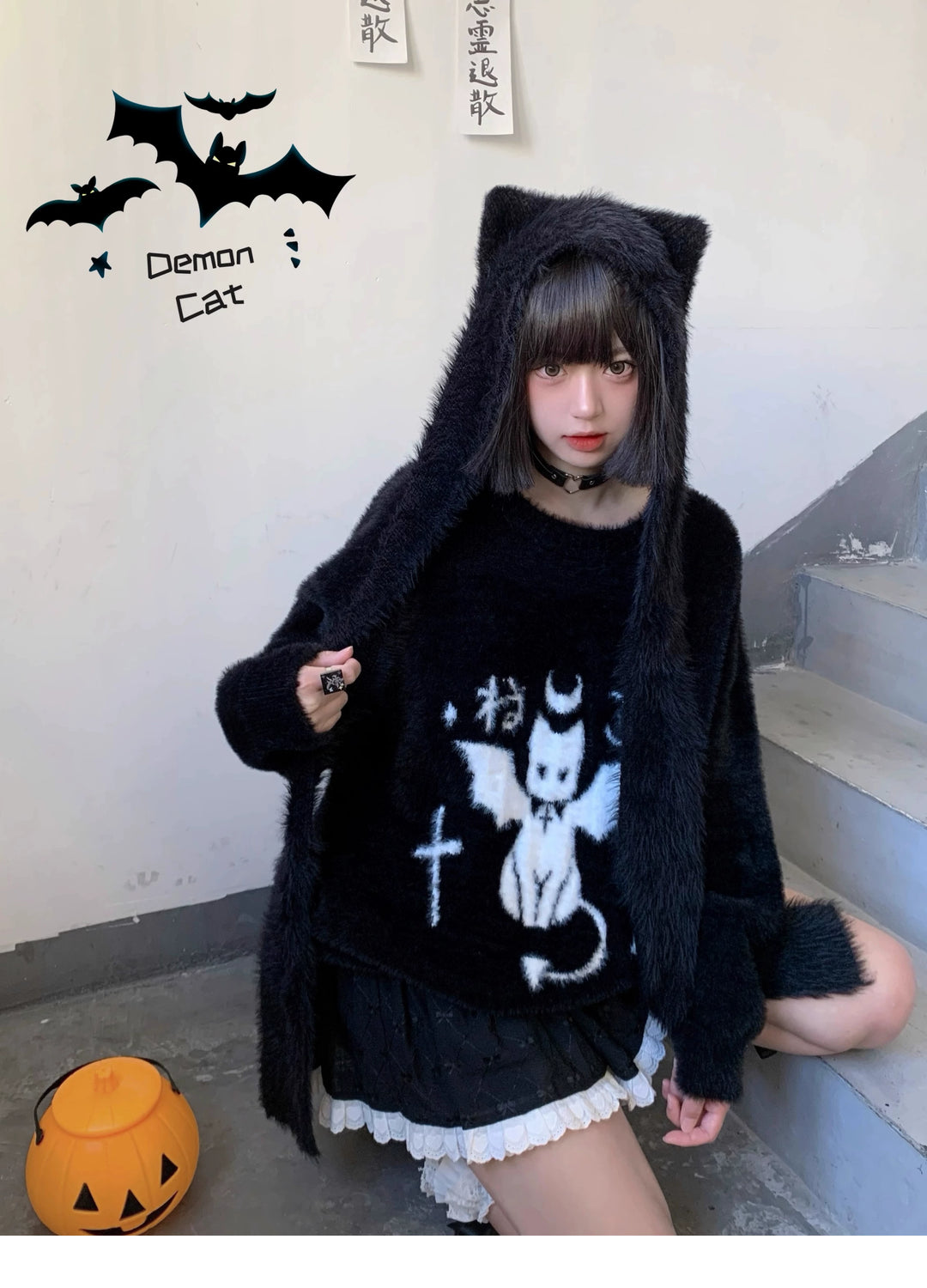 Yami Kawaii Sweater Devil Cat Black Loose Warm Top 39738:640312