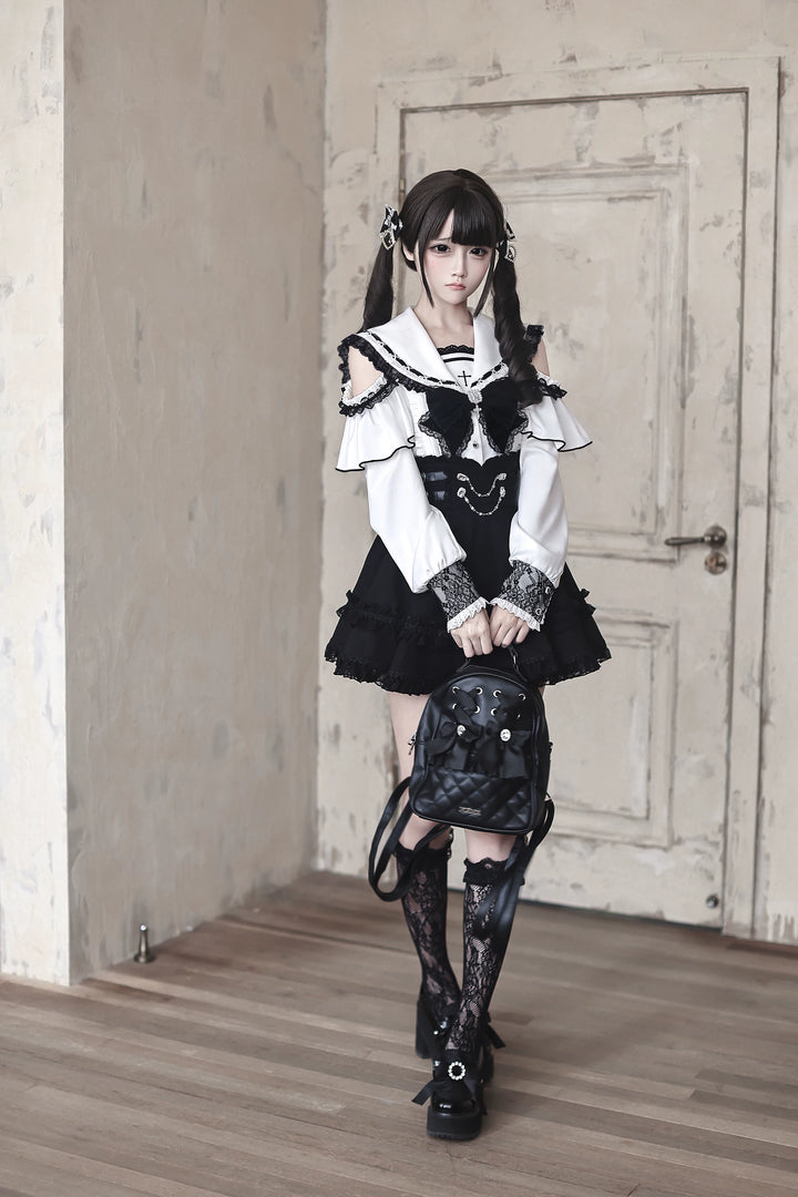 Lace Jirai Kei Sailor Collar Blouse, High Waist Skirt Set 45626:859334