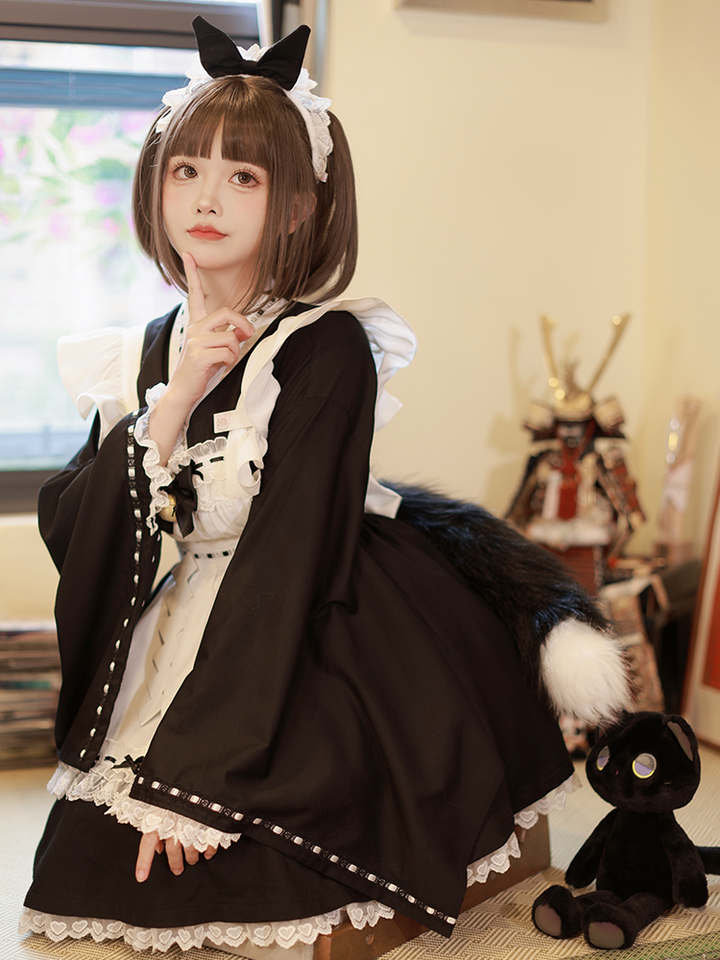 Kawaii Black Maid Blouse Flutter Sleeve Apron Suspender Skirt Set 42282:735151