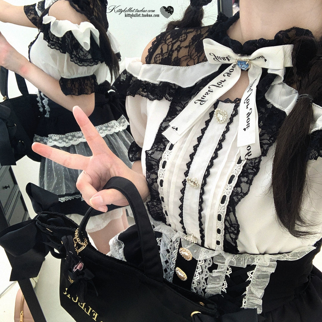 Lace Open Shoulder Jirai Kei Blouse, Heart Rhinestone 43692:783153
