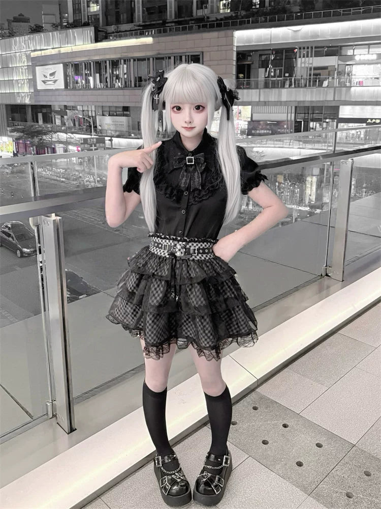 Jirai Kei Black Blouse and Plaid Skirt Set, Tulle Overlay 45572:855462