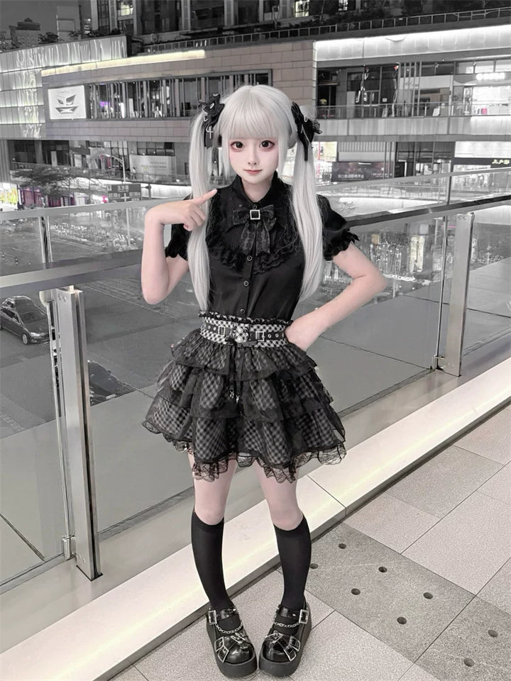 Jirai Kei Black Blouse and Plaid Skirt Set, Tulle Overlay 45572:855462