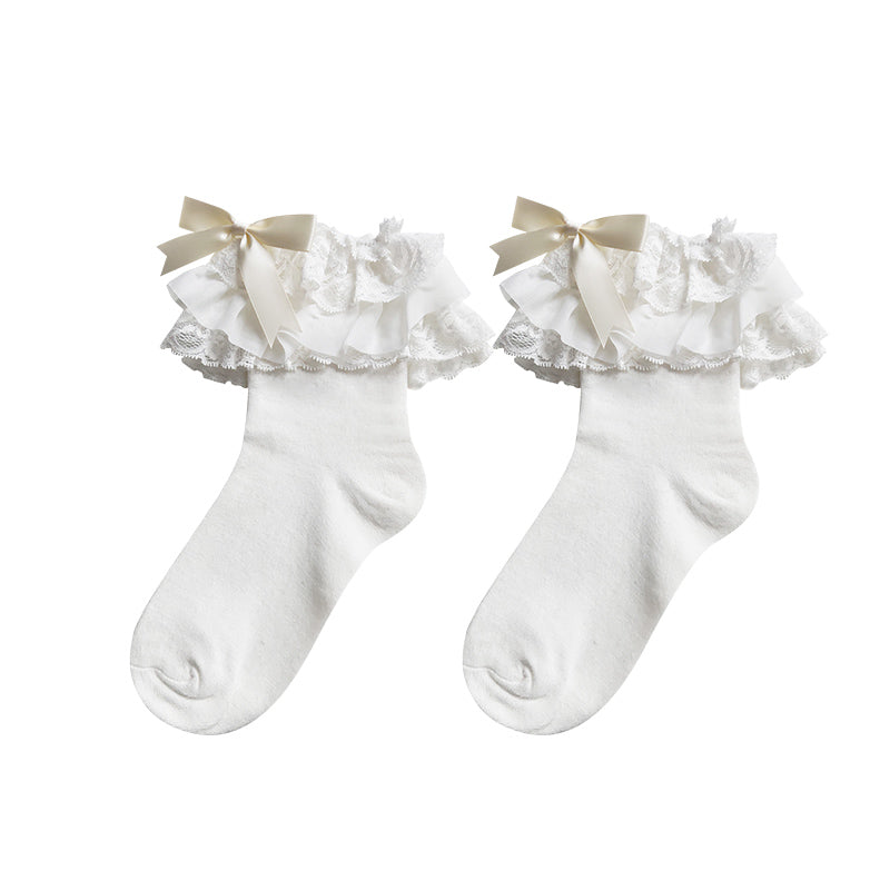 Lolita Socks Layers Lace Frill Cotton Mid-Calf Socks With Bows 42243:733466