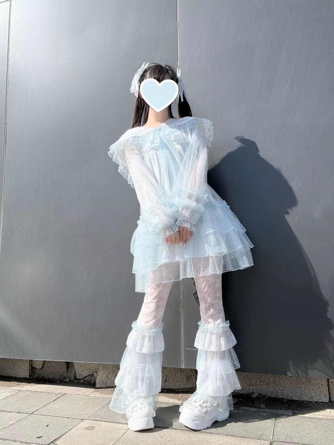 Ryousangata Tulle Polka Dot Blouse & Pants Set 45006:834520