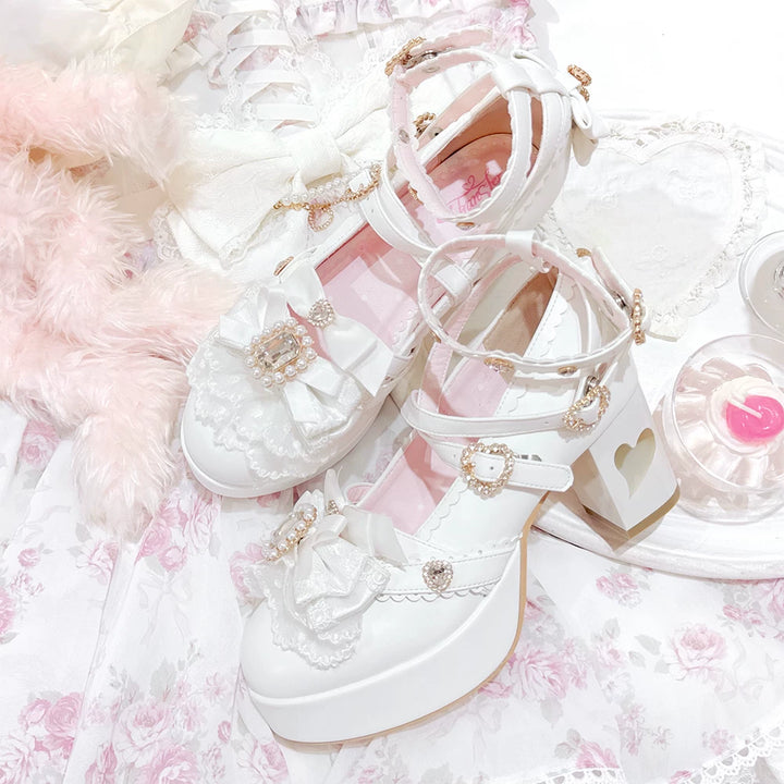 Jirai Kei Rhinestone Heeled Shoes, Heart Cutout Heel (White / 35 36 37 38 39 40 41 42) 45839:866645