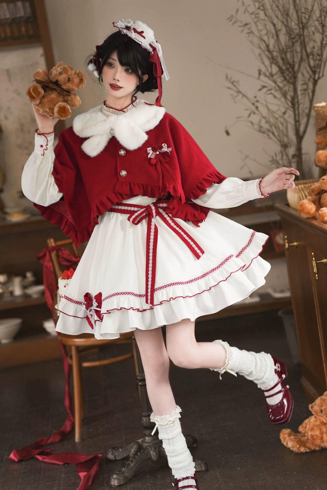 Christmas Dress Outfit, Red Cape with Detachable Collar 44323:804990