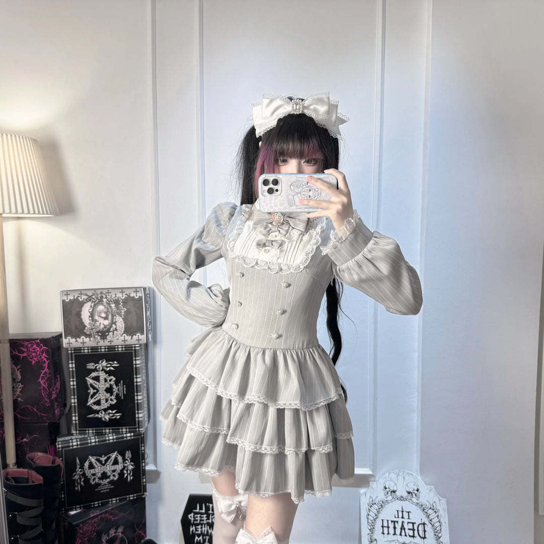 Jirai Kei Striped Lace Neckline Top & Elastic Waist Skort 45938:871938