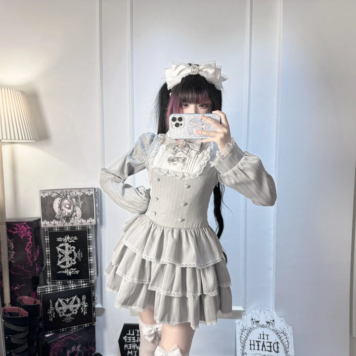 Jirai Kei Striped Lace Neckline Top & Elastic Waist Skort 45938:871938