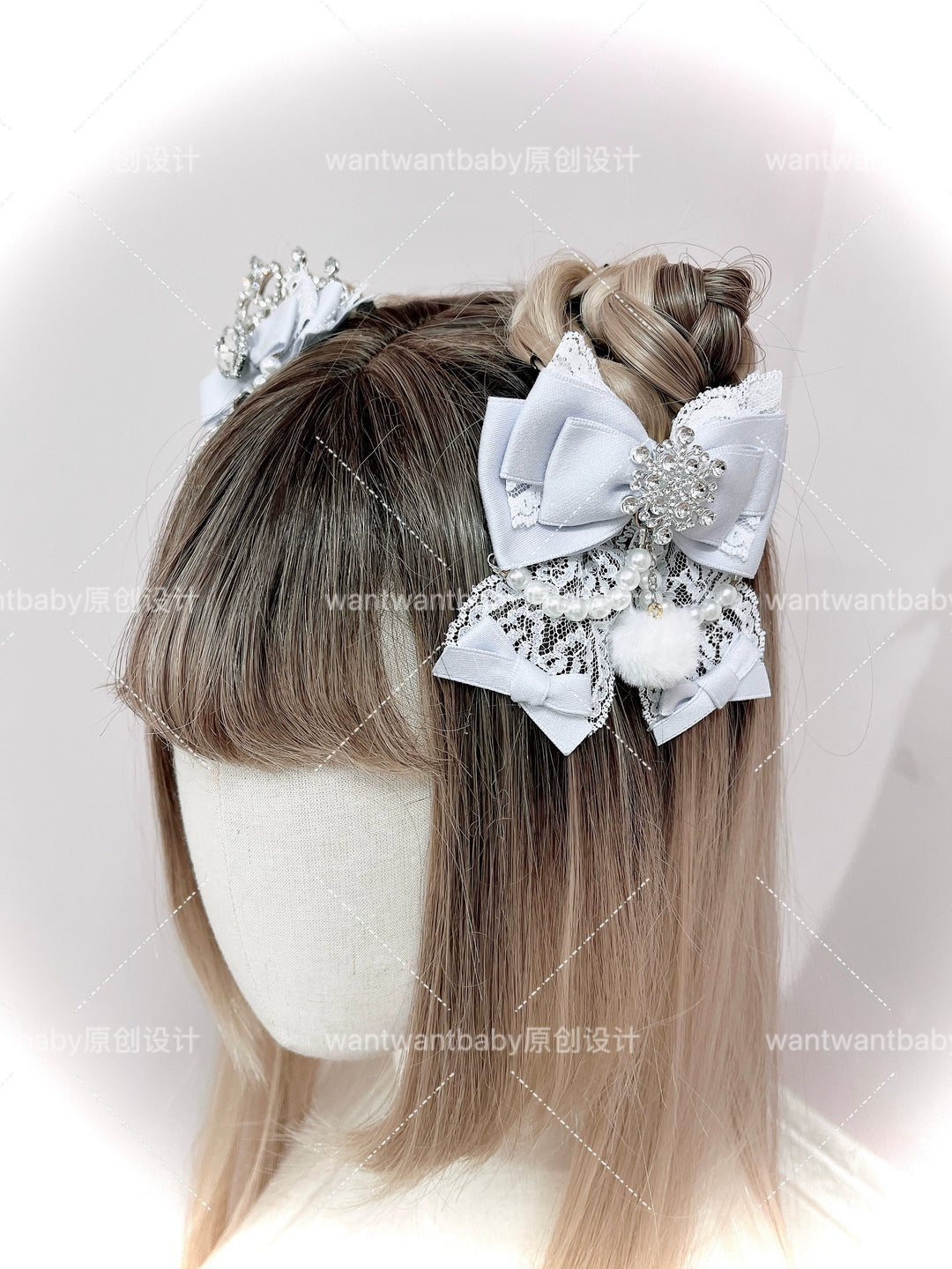 Ryousangata Ribbon Bow Hair Clips, Snowflake Rhinestone 44196:803536