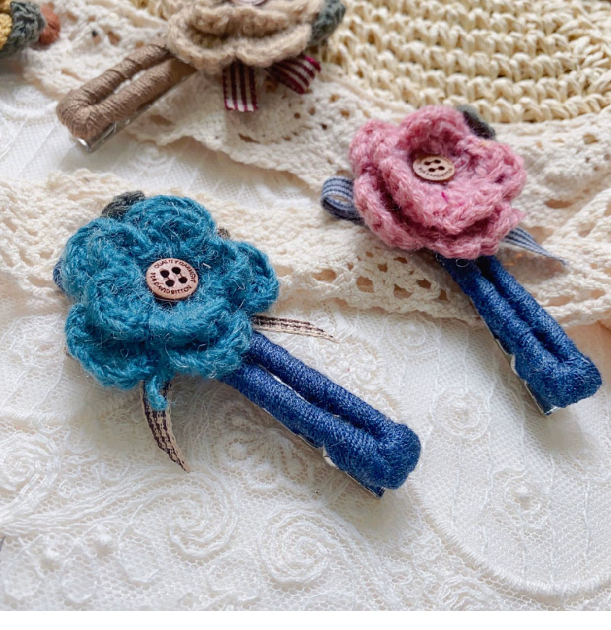 Mori Kei Hair Clips Handmade Knitted Flower Barrettes 36438:522412