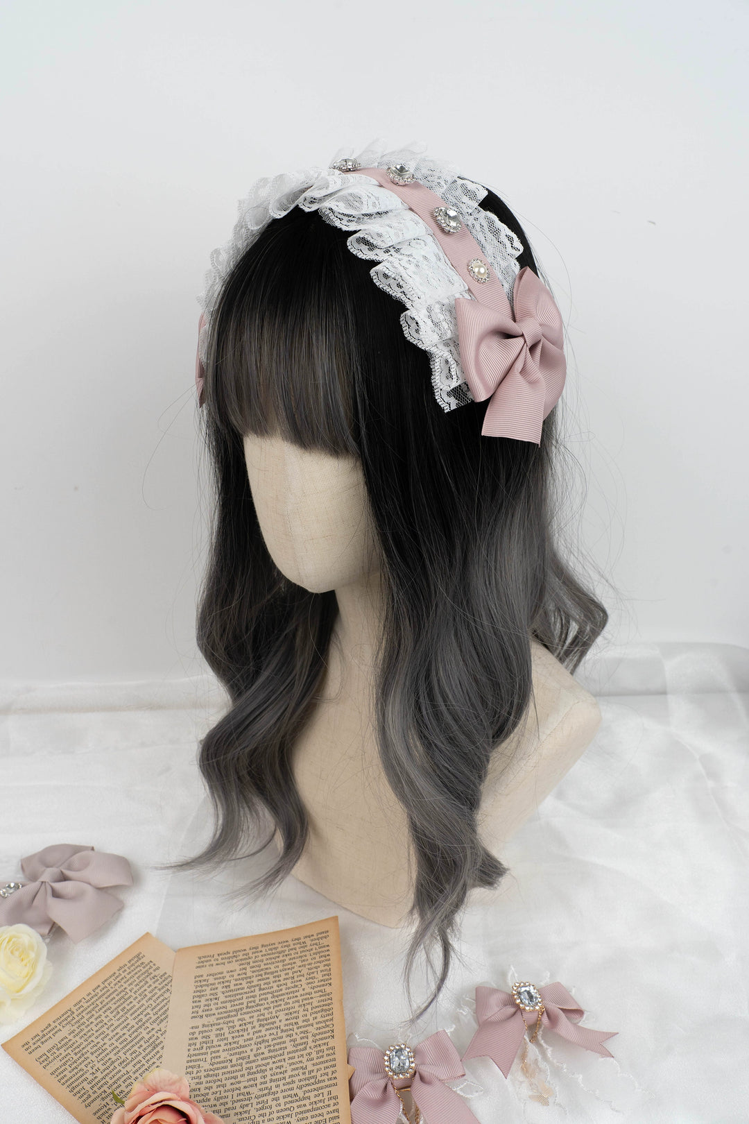 Jirai Kei Headband Lace Bow Headdress Rhinestones Hair Accessory 35650:507216 35650:507216