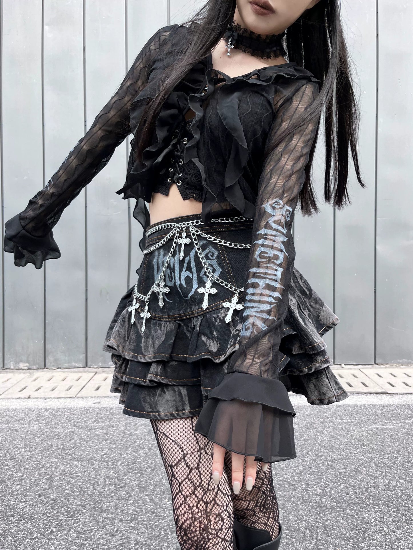 Gothic Puffy Skirt Subculture High Waist Denim Skirt 37472:560808