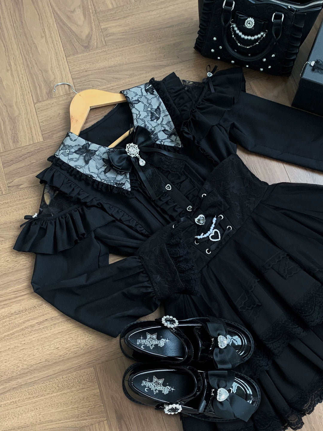 Jirai Kei Long Sleeve Blouse, Lace Open-Shoulder 44588:815095