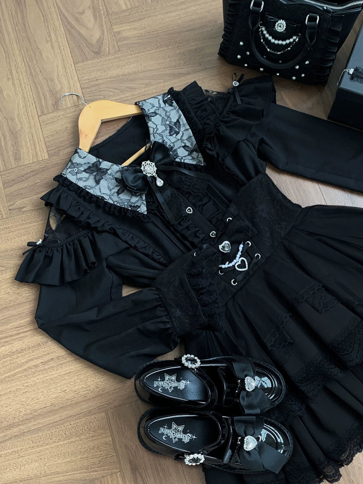 Jirai Kei Long Sleeve Blouse, Lace Open-Shoulder 44588:815095