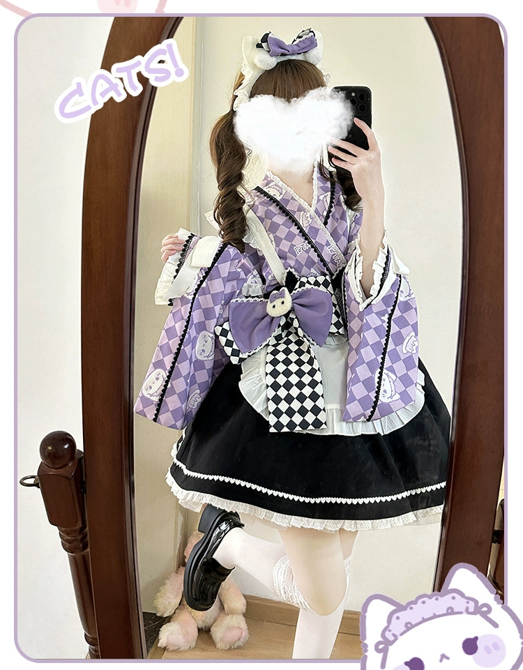 Kimono Lolita Plaid Princess Sleeve Shirt Kawaii Skirt Set 38964:606886