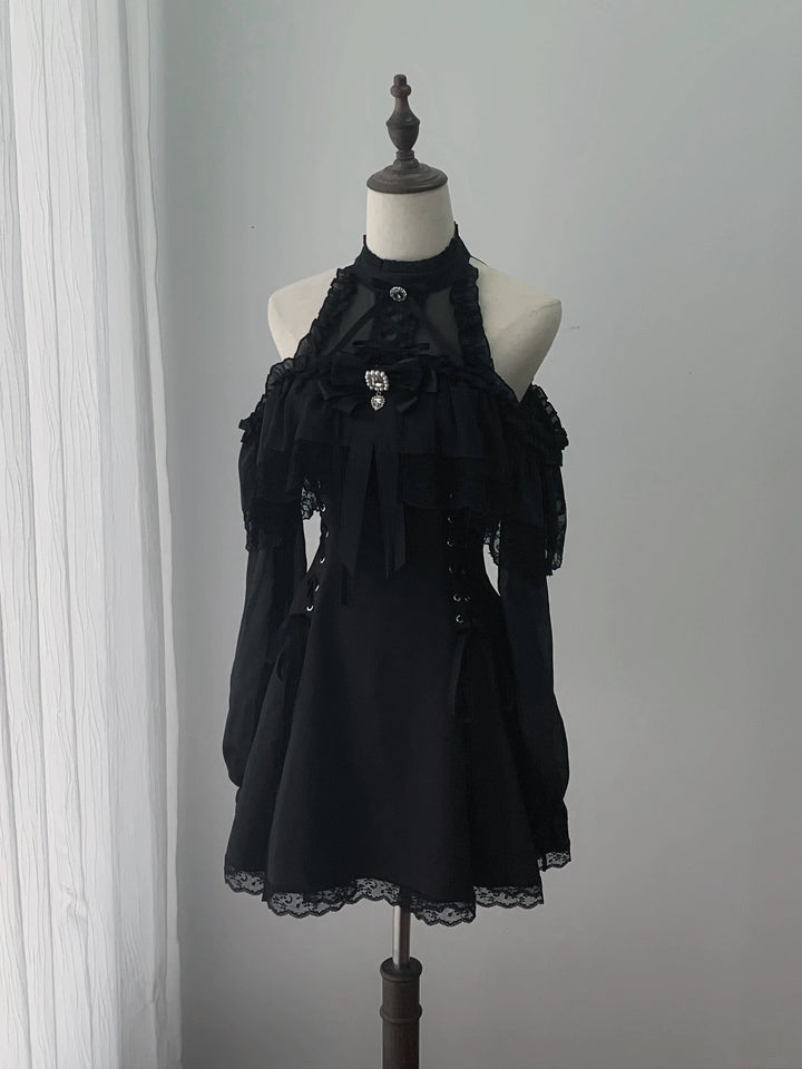 Black Seiso Kei Lace Long Sleeve Dress, Sheer Neckline (L M S) 45806:863253