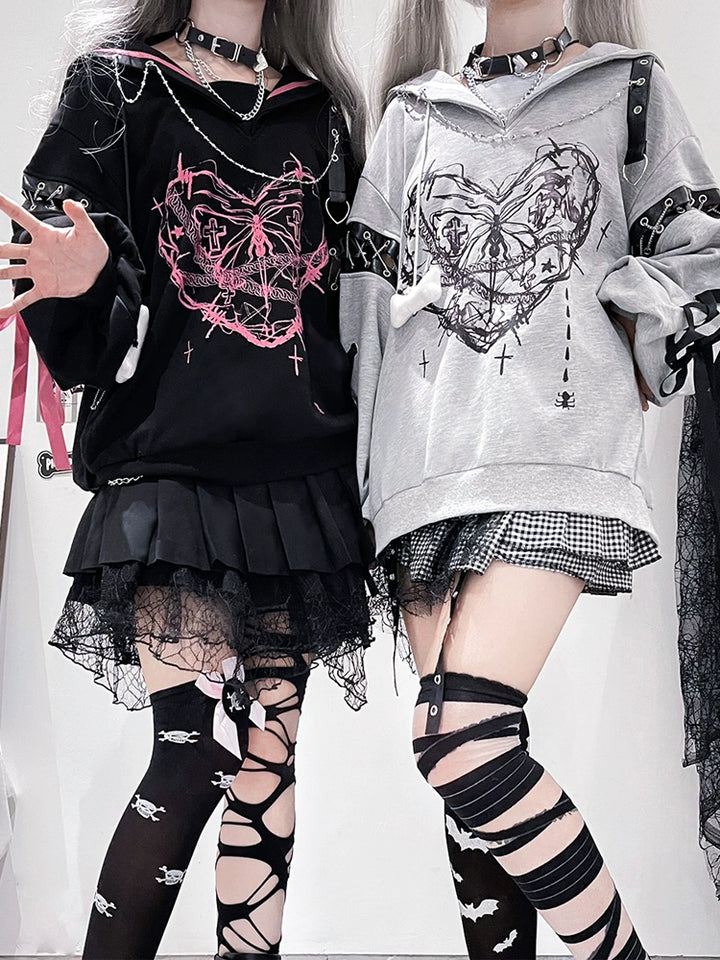 Jirai Kei Outfit Set Gothic Sailor Collar Sweatshirt Set 35762:517396 35762:517396