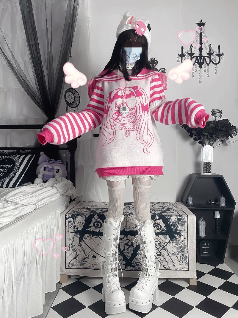 Yami Kawaii Sky Blue Sailor Collar Stripped Sweater (L M S) 29190:564548 (L M S) 29190:564548