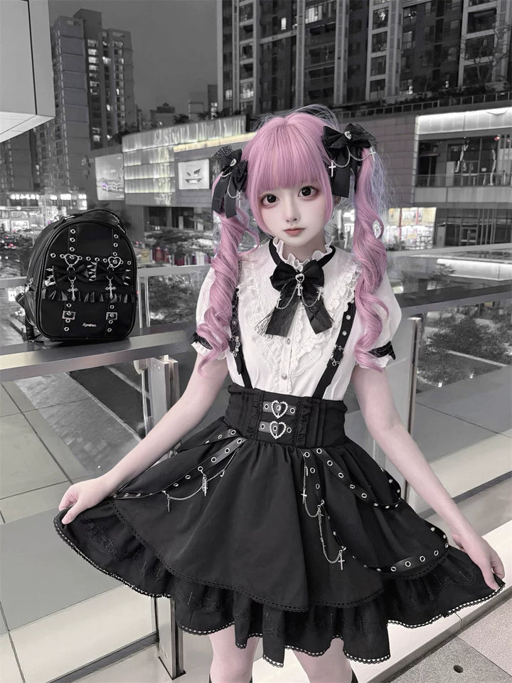 Punk Suspender Skirt, Stand Collar Blouse 45578:855990