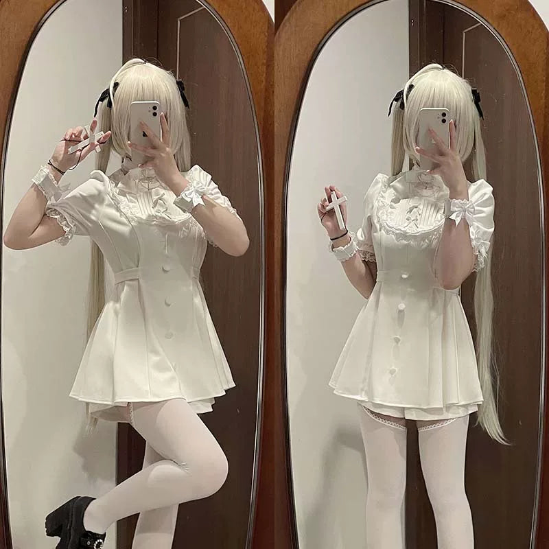 Plus Size Jirai Kei Black White Set Up Lace Bow Blouse Shorts (2XL 3XL 4XL L M S XL XS) 31850:816064