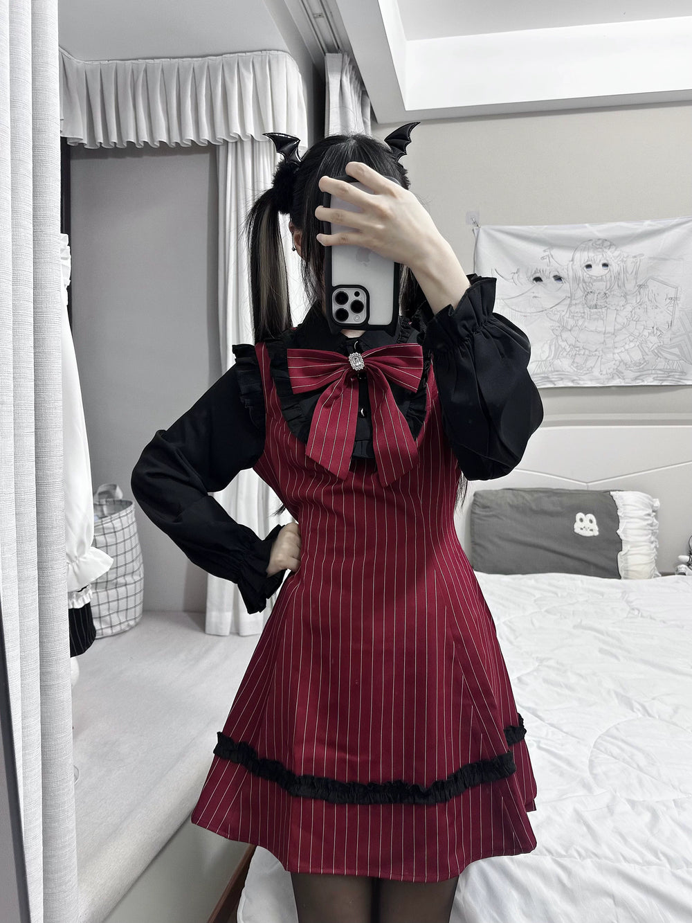 Jirai Kei Striped Long-Sleeve Dress, Detachable Bow (2XL L M S XL) 45797:864469